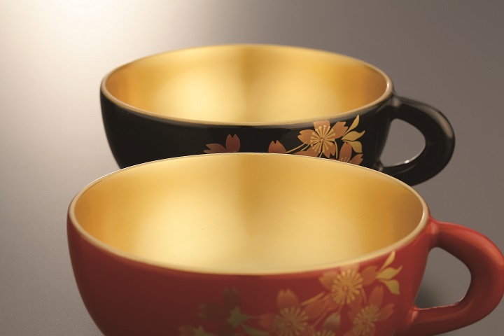 Black and Red Teacups with Gold Interior, Sakura Pattern